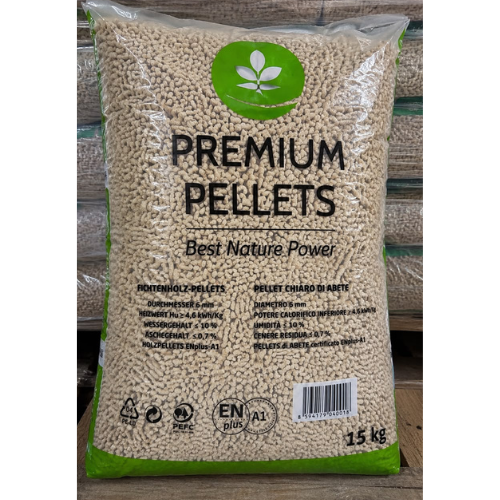 PREMIUM PELLETS Dřevěné smrkové pelety EN plus A1/ 1050Kg ( 70Ks x 15 kg )